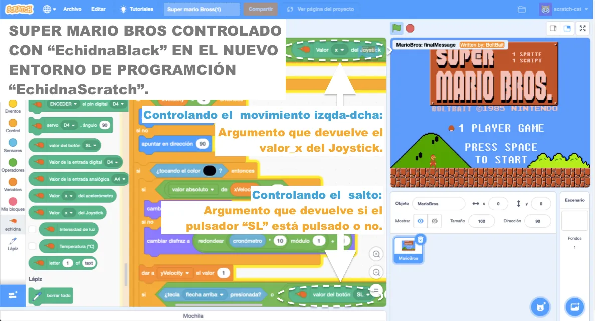 Juego Super Mario Bros programado en Scratch e importado al entorno EchidnaScratch. El proyecto es de: @Boltbait