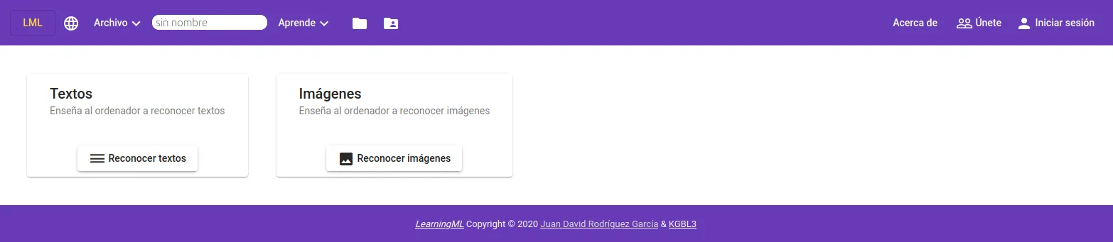 LearningML: pantalla de inicio para elegir entre reconocer textos o imágenes.