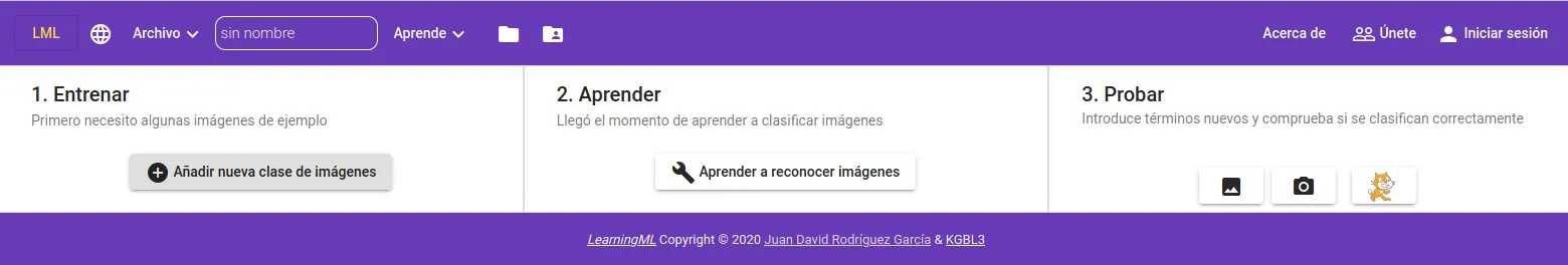 LearningML: las tres fases, entrenar, aprender y probar.