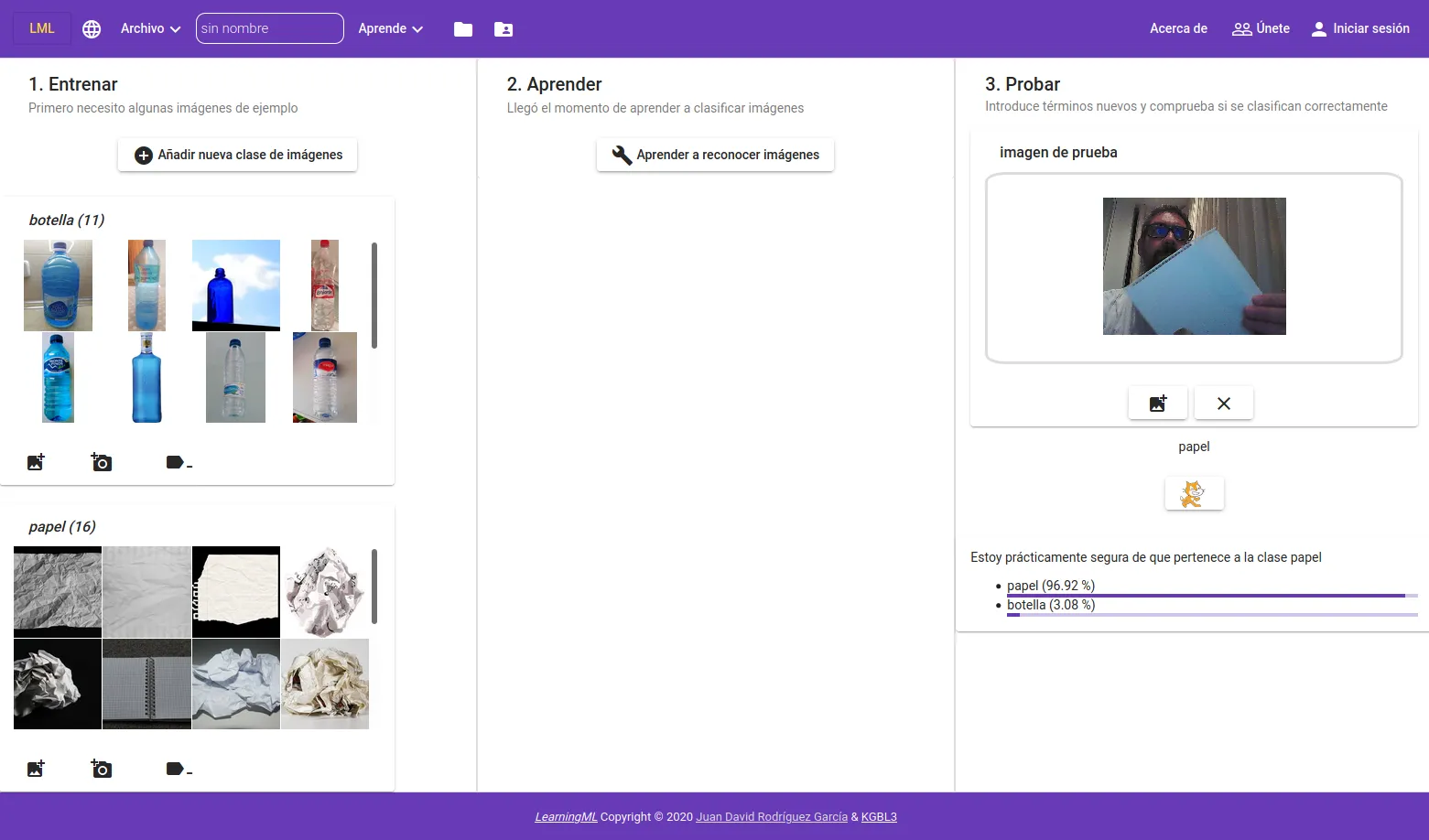 LearningML con imágenes de ejemplo de envases y de papel, y la prueba del modelo con la cámara.