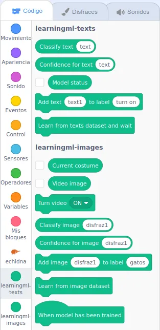 Bloques de LearningML en EchidnaScratch para clasificar textos e imágenes.