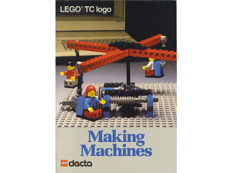 Portada del cuaderno Making Machines de LEGO TC Logo, con un tiovivo de LEGO movido por un tornillo sin fin.
