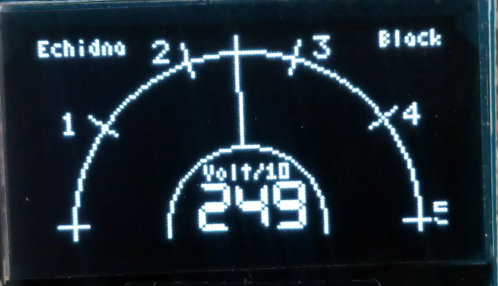 La pantalla muestra un medidor semicircular de tensión con el valor 249.