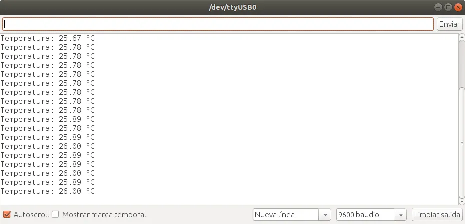 Monitor serie del Arduino IDE con lecturas de temperatura de unos 25 °C, más estables.
