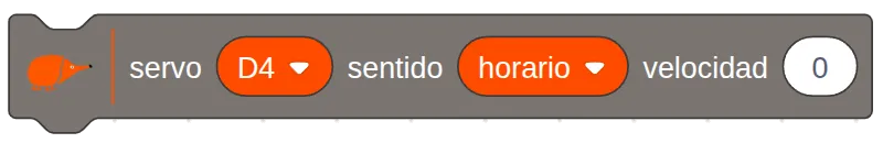 Bloque de EchidnaML «servo D4 sentido horario velocidad 0», con desplegables para elegir el pin y el sentido.