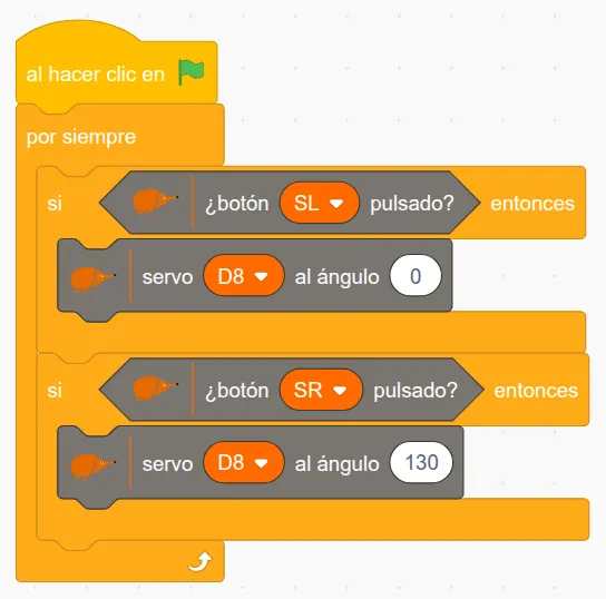 Programa de EchidnaML: por siempre, si se pulsa SL, el servo de D8 va al ángulo 0; si se pulsa SR, va al ángulo 130.