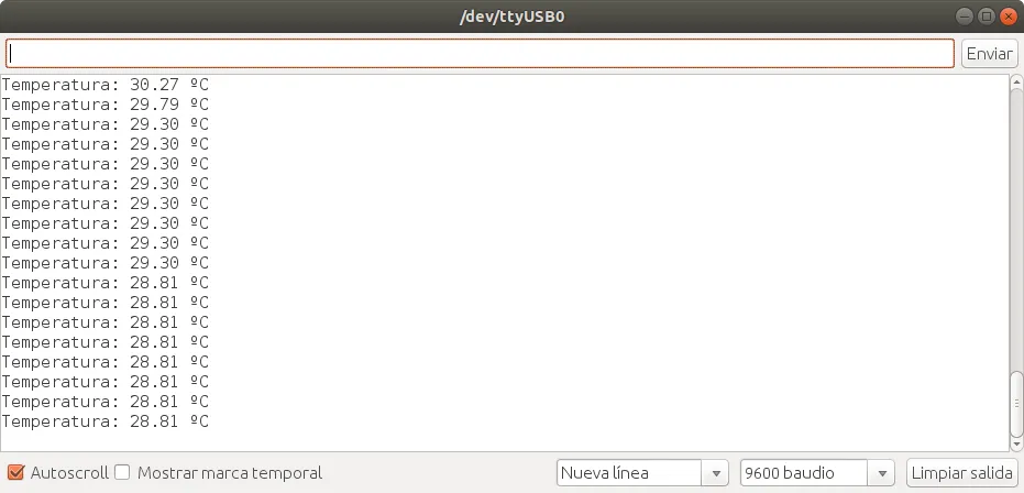 Monitor serie del Arduino IDE con lecturas de temperatura de unos 20 °C.