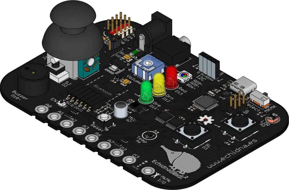 La placa EchidnaBlack2 en perspectiva, con el joystick, los LED, los pulsadores y los conectores.