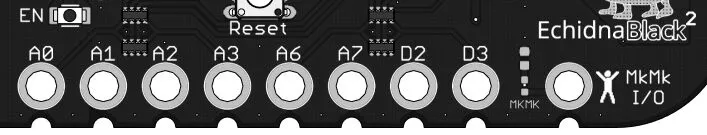 Borde inferior de la EchidnaBlack2 con los conectores A0, A1, A2, A3, A6, A7, D2 y D3, y a la derecha el conector común MkMk I/O.
