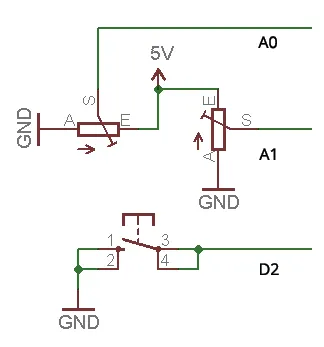 Esquema: dos potenciómetros entre 5 V y tierra (GND) dan las lecturas de los ejes en A0 y A1, y el pulsador del joystick conecta D2.