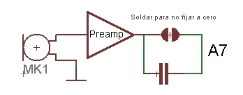 Esquema: el micrófono MK1 va al preamplificador y de ahí a A7, a través de un condensador con un puente de soldadura en paralelo, rotulado «Soldar para no fijar a cero».