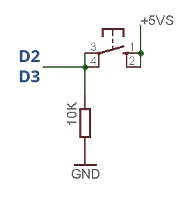 Esquema: el pulsador une el pin D2 o D3 con +5 V; una resistencia de 10 kΩ lo conecta a tierra (GND).