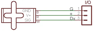 Esquema: los cables del servomotor GND (negro), V+ (rojo) y SIG (blanco) van a los pines G, + y Dx de un conector I/O.