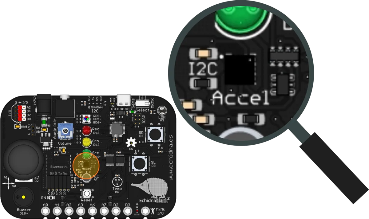 La placa EchidnaBlack2 con una lupa sobre el acelerómetro, rotulado Accel, junto al conector I2C.