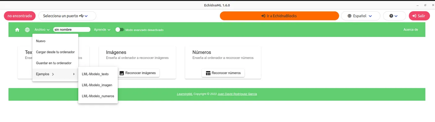 Menú Archivo de LearningML abierto, con Nuevo, Cargar desde tu ordenador, Guardar en tu ordenador y el submenú Ejemplos.