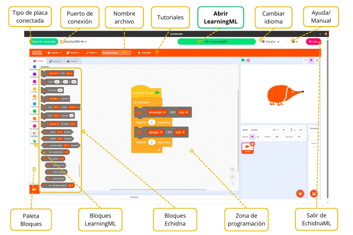 Pantalla de EchidnaBlocks con sus partes rotuladas: tipo de placa conectada, puerto de conexión, nombre del archivo, tutoriales, abrir LearningML, cambiar idioma, ayuda, salir, paleta de bloques, bloques de LearningML, bloques de Echidna y zona de programación.