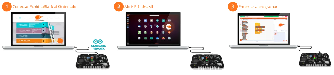 Los tres pasos: conectar la EchidnaBlack al ordenador, abrir EchidnaML y empezar a programar.