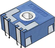Dibujo del potenciómetro de volumen: una pieza azul cuadrada con un eje blanco en el centro para girarlo.