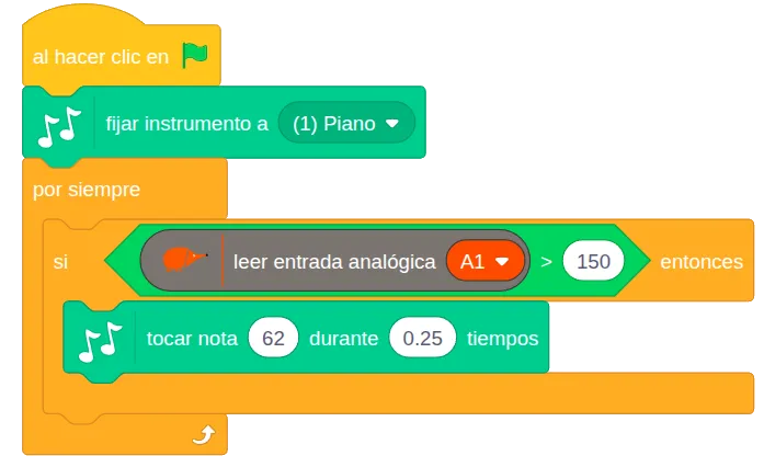 Programa de EchidnaML: fijar instrumento a piano; por siempre, si leer entrada analógica A1 es mayor que 150, tocar nota 62 durante 0,25 tiempos.