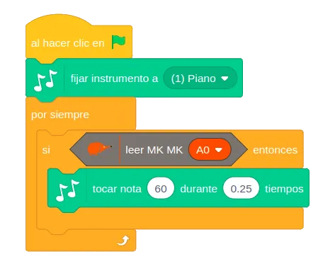 Programa de EchidnaML: fijar instrumento a piano; por siempre, si leer MK MK A0, tocar nota 60 durante 0,25 tiempos.