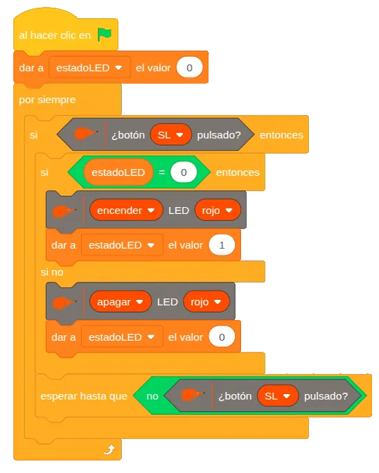 Programa de EchidnaML: dar a estadoLED el valor 0; por siempre, si el botón SL está pulsado, si estadoLED es 0 encender LED rojo y dar a estadoLED el valor 1, si no apagar LED rojo y dar a estadoLED el valor 0; después, esperar hasta que el botón SL no esté pulsado.