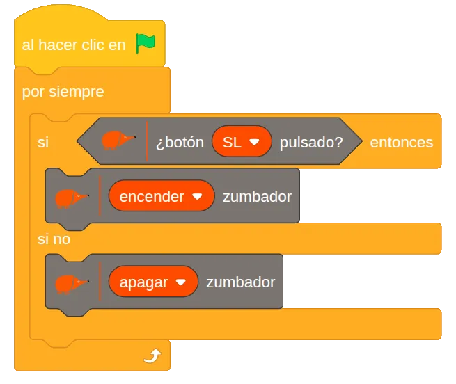 Programa de EchidnaML: por siempre, si el botón SL está pulsado, encender zumbador; si no, apagar zumbador.