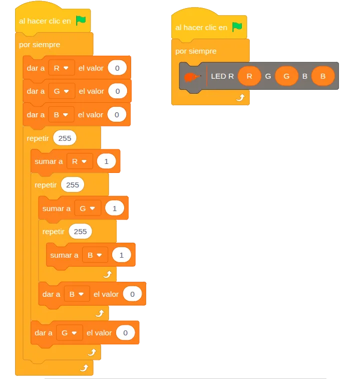 Programa de EchidnaML en dos partes: una pone R, G y B a 0 y, con tres bucles repetir 255 anidados, va sumando 1 a cada variable y vuelve a poner a 0 las interiores; la otra repite sin parar LED R, G, B con esas variables.