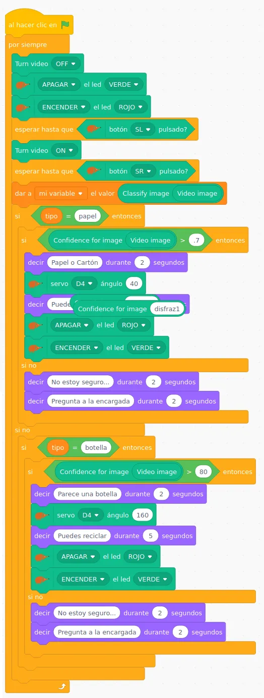 Programa de EchidnaScratch que clasifica la imagen de la cámara y mueve el servo hacia el contenedor que corresponde.