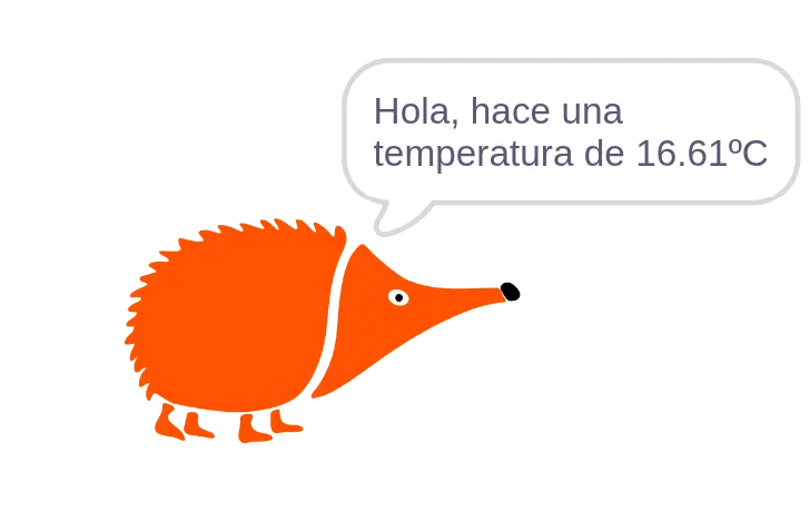 El personaje del echidna en la pantalla con el bocadillo «Hola, hace una temperatura de 16,61 °C».