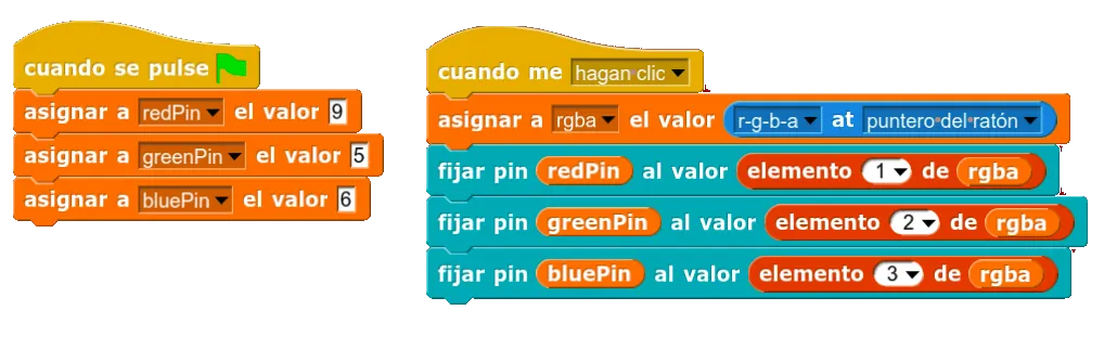 Programa de Snap4Arduino: al hacer clic en la paleta, guarda su color en la lista rgba y fija los pines del LED RGB con los valores rojo, verde y azul.